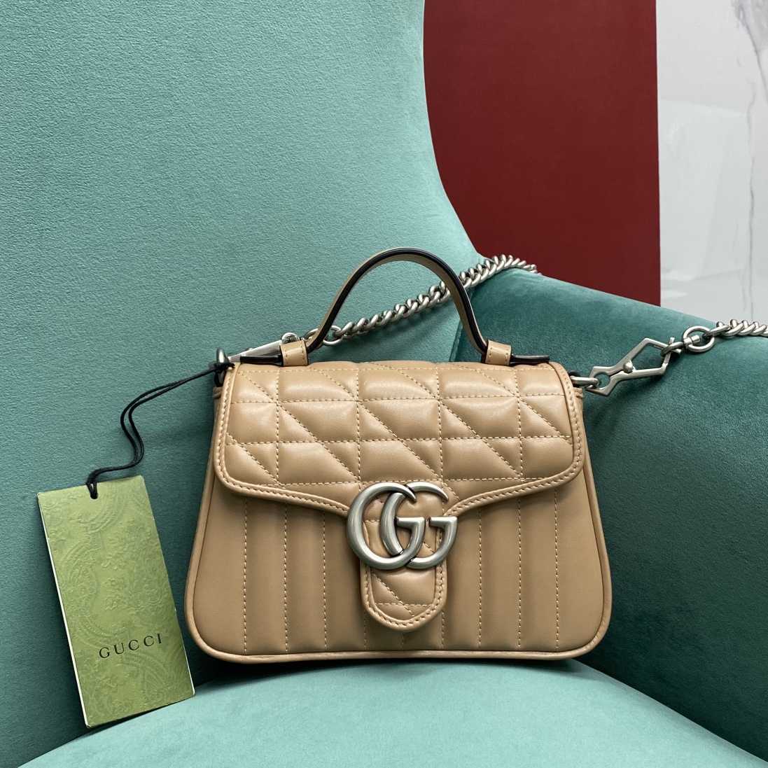 【P1170】Gucci包包价格 古奇583571杏色格纹和线条绗缝手提包斜挎包