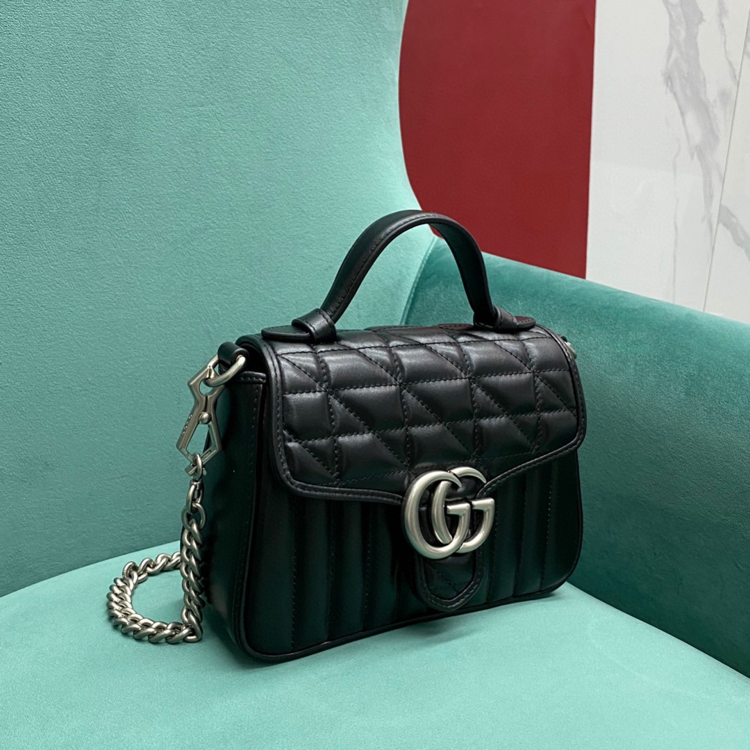 【P1170】古奇2021新款包包 Gucci Marmont格纹和线条绗缝包手提包 黑色