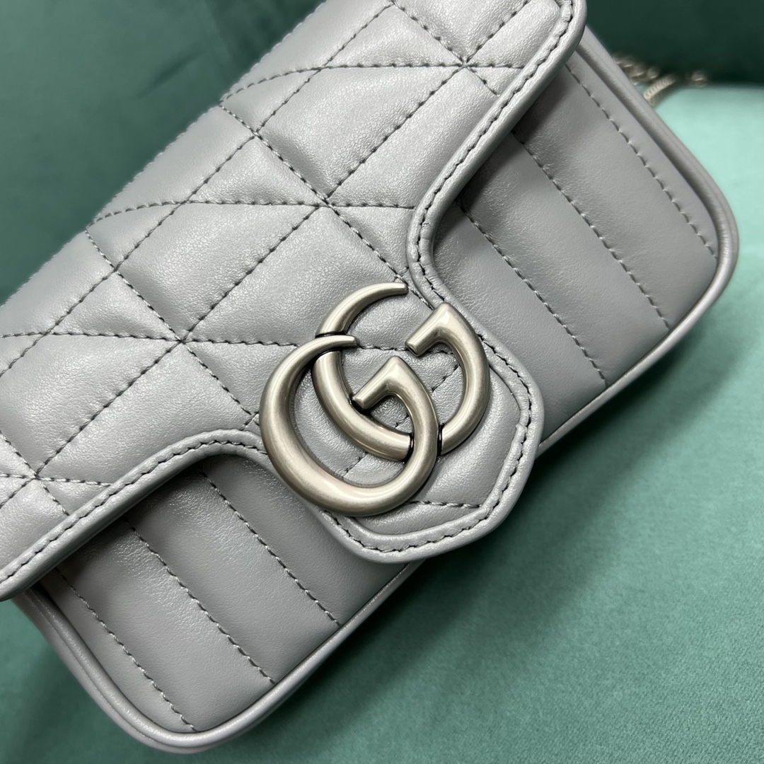 【P870】古奇包包批发 Gucci Nanomarmont 灰色绗缝迷你链条包单肩包